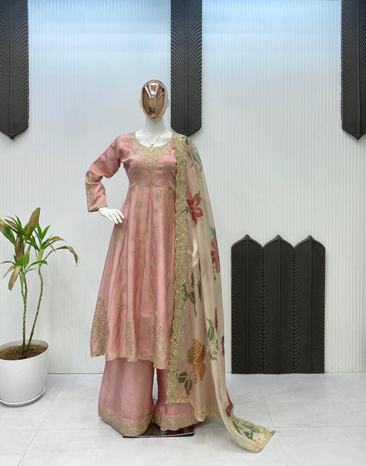 Trendy Pink Chinon Sequence Work Gown With Palazzo