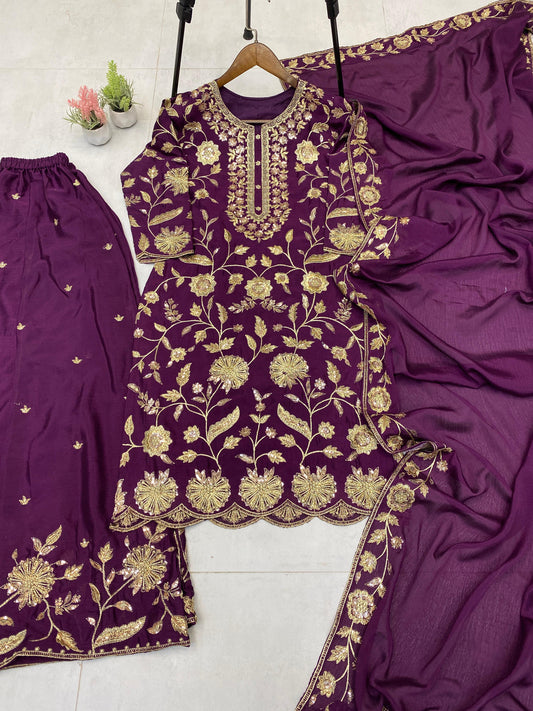 Embroidery Work Wine Color Chinon Palazzo Suit