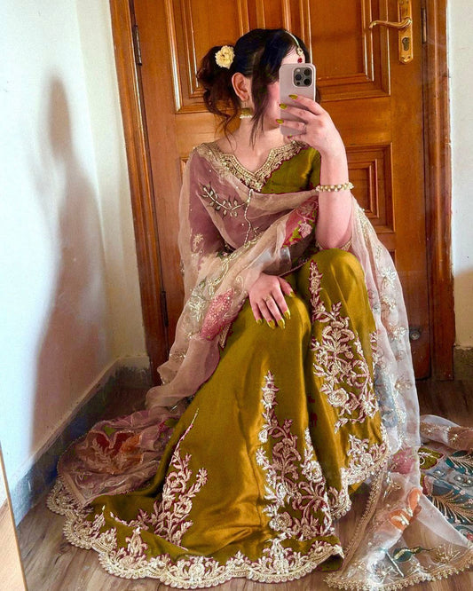 Unique Chinon Embroidery Work Mustard Color Sharara Suit