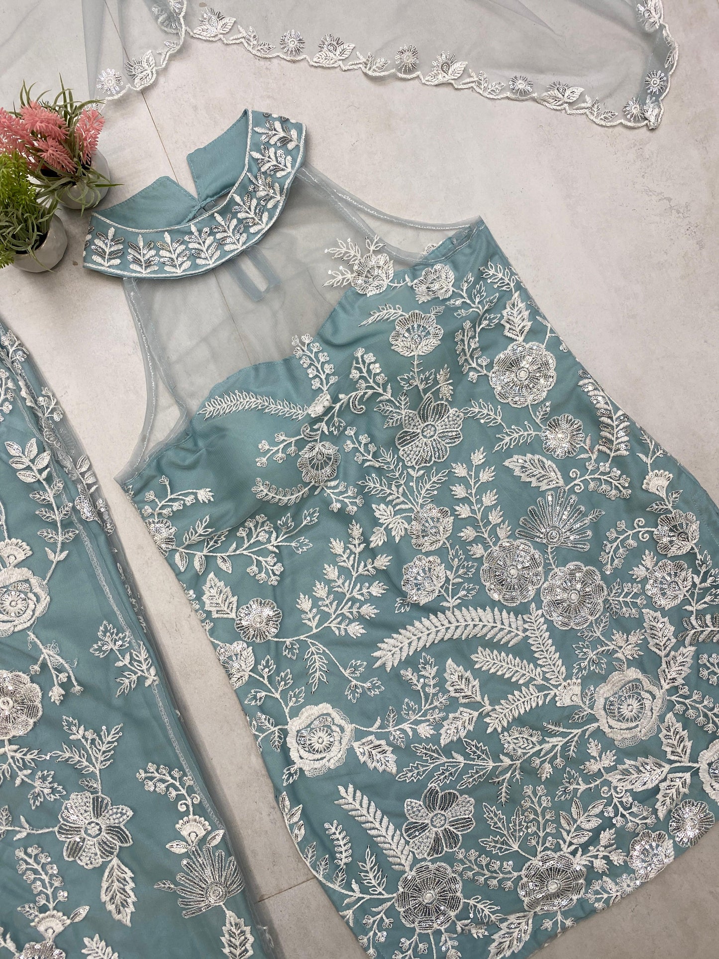 Adorable Embroidery Work Sky Blue Color Palazzo Suit