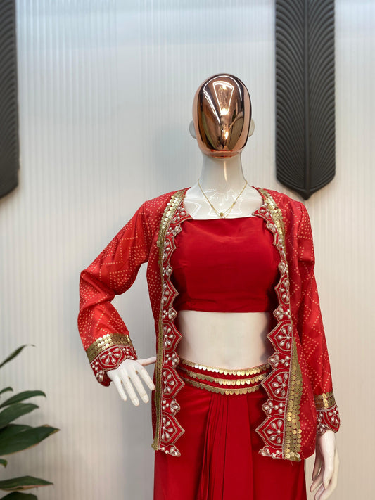 Ravishing Embroidery With Moti Work Red Color Dhoti Suit With Koti