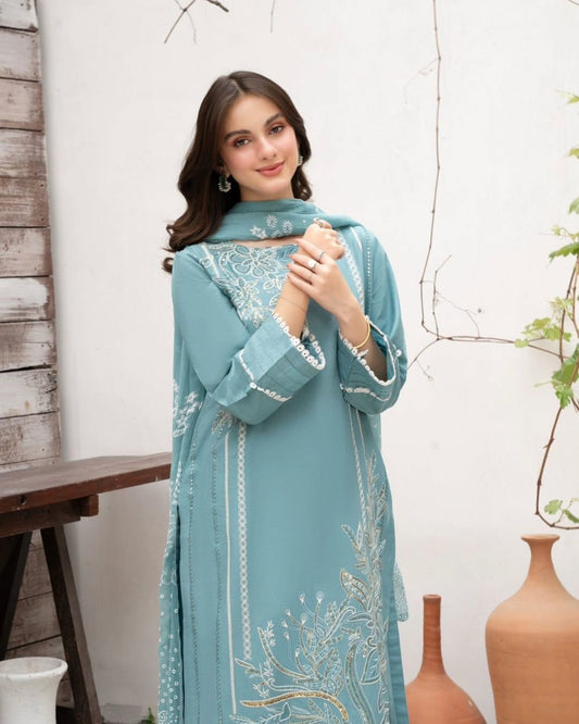 Alluring Sky Blue Roman Silk Sequence Work Palazzo Suit