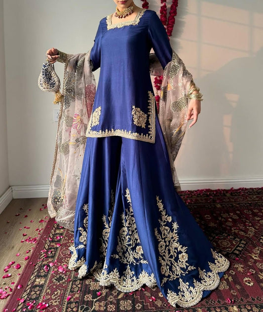 Unique Chinon Embroidery Work Blue Color Sharara Suit