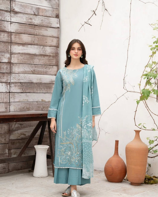 Alluring Sky Blue Roman Silk Sequence Work Palazzo Suit