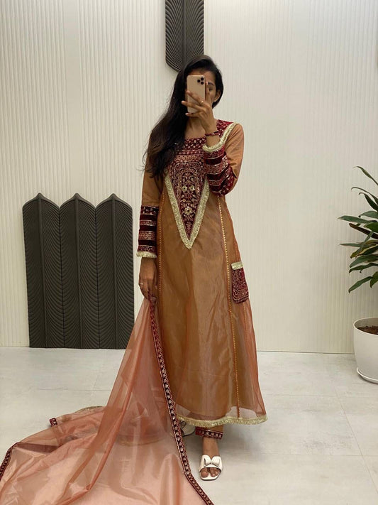 Demanding Embroidery Sequence Work Brown Color Gown