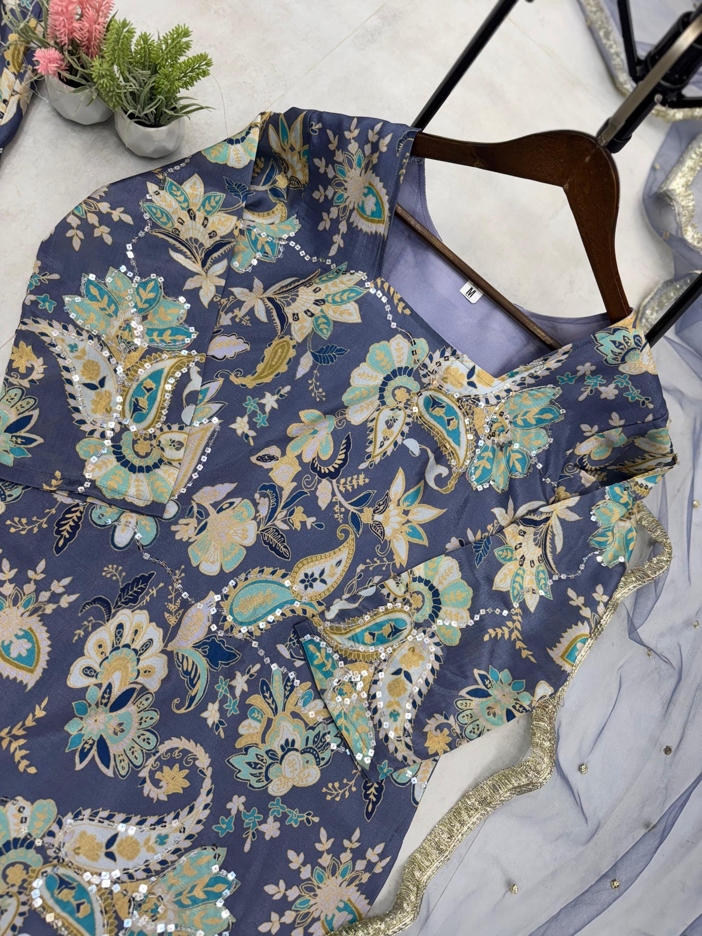 Delightful Embroidery Work Multi Blue Color Sharara Suit