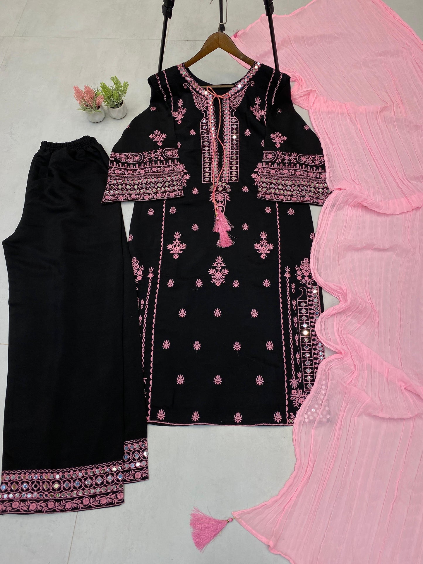 Black Roman Silk Embroidery Work Palazzo Suit