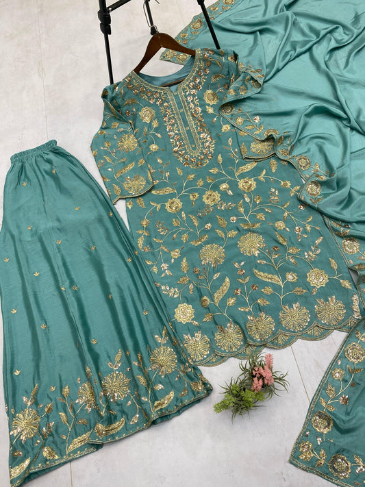 Embroidery Work Rama Color Chinon Palazzo Suit