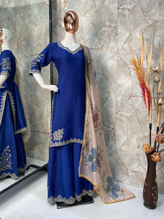 Unique Chinon Embroidery Work Blue Color Sharara Suit