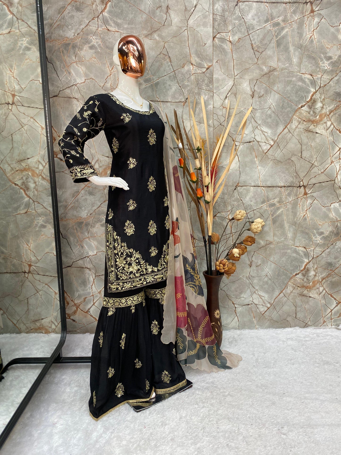 Attractive Heavy Work Black Color Sharara Suit