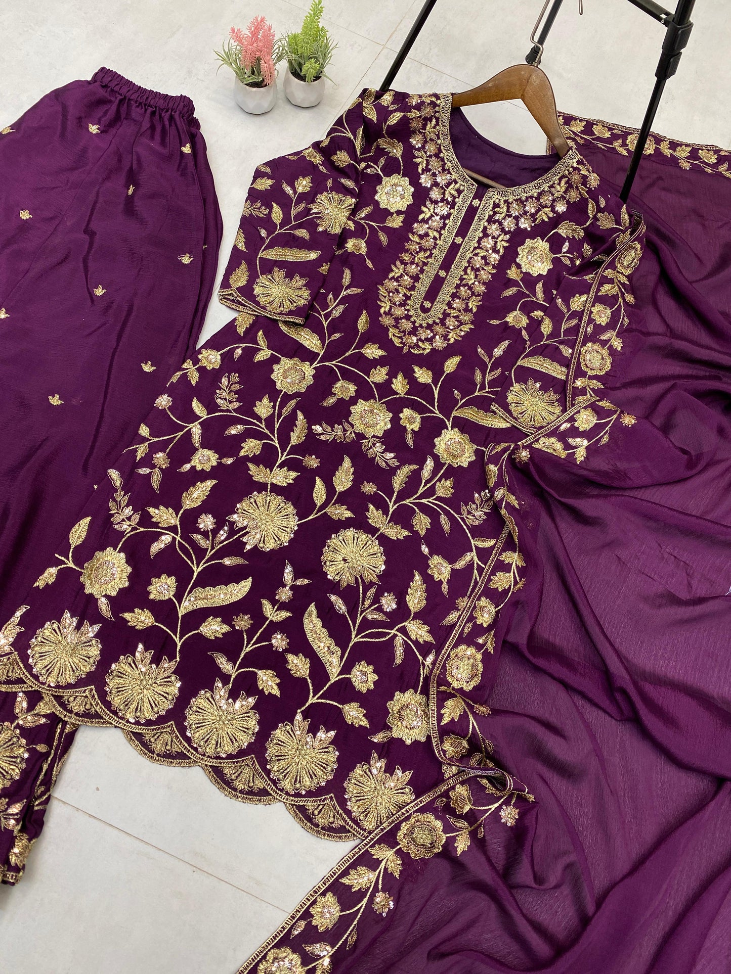 Embroidery Work Wine Color Chinon Palazzo Suit