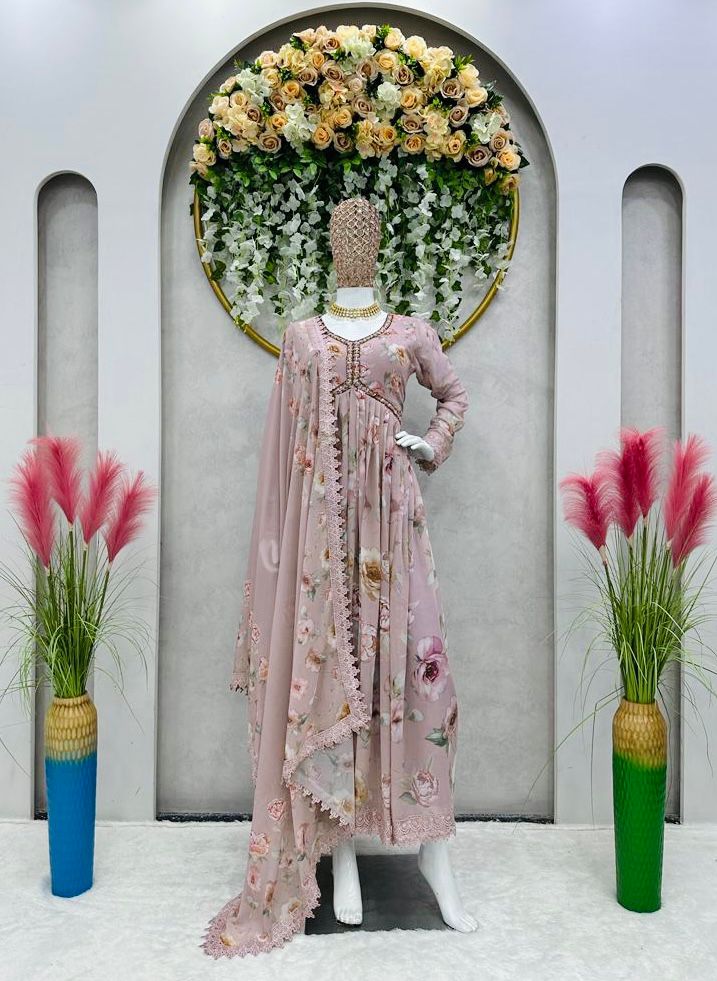 Hand Work With Digital Print Dusty Pink Color Alia Cut Gown