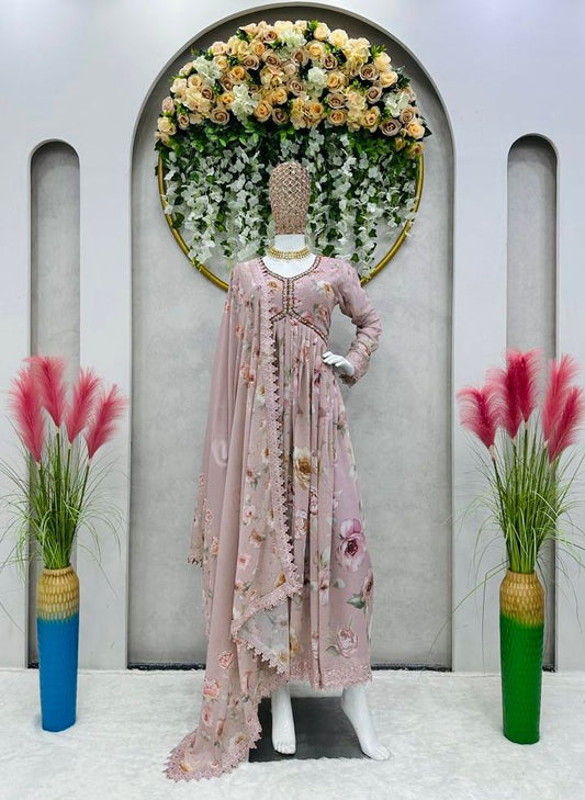 Hand Work With Digital Print Dusty Pink Color Alia Cut Gown