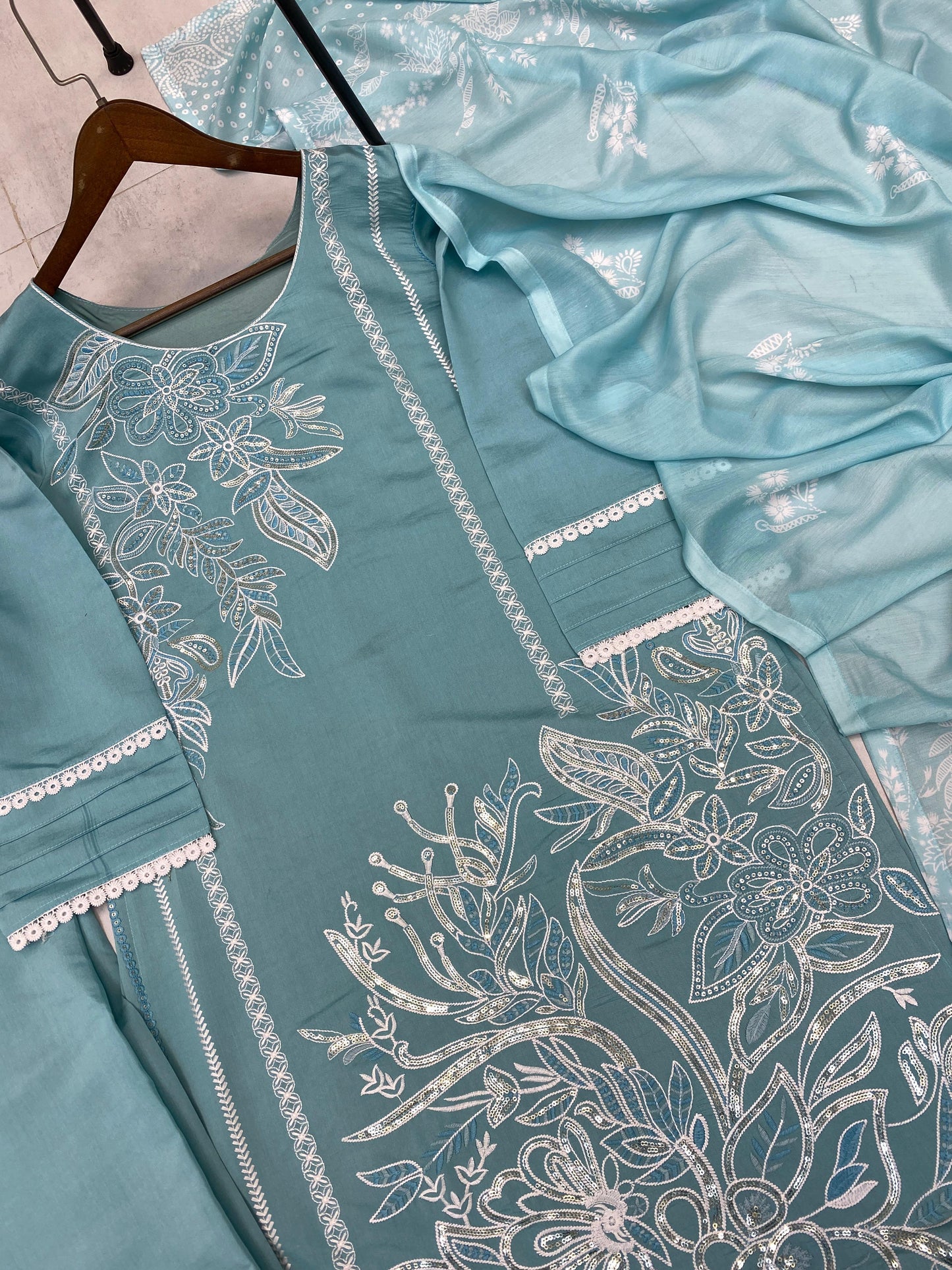 Alluring Sky Blue Roman Silk Sequence Work Palazzo Suit