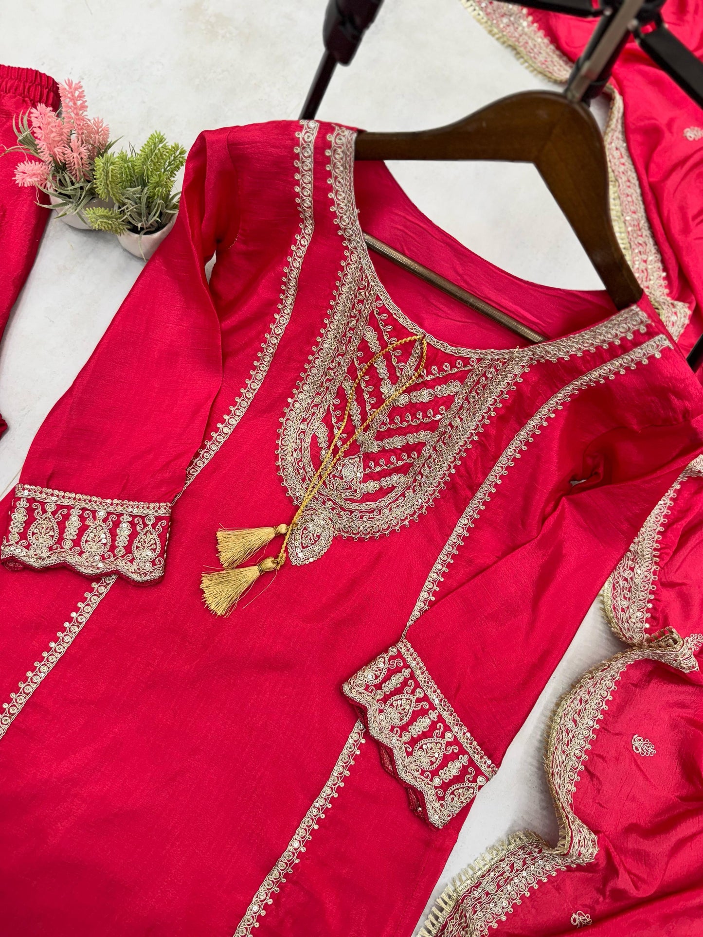 Graceful Chinoon Embroidery Work Red Color Salwar Suit