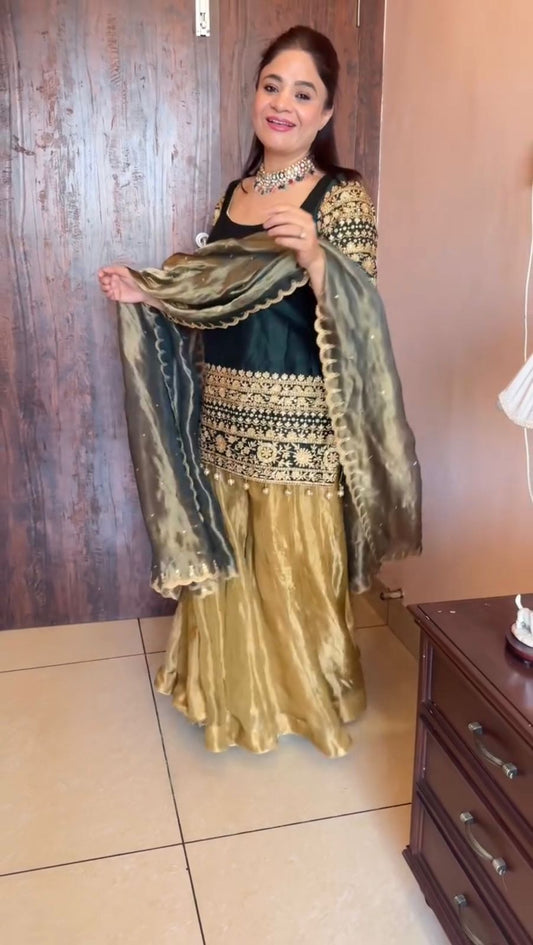 Lovely Green Roman Silk Sequence Embroidery Sharara Suit