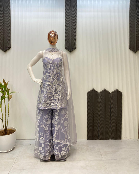 Adorable Embroidery Work Lavender Color Palazzo Suit