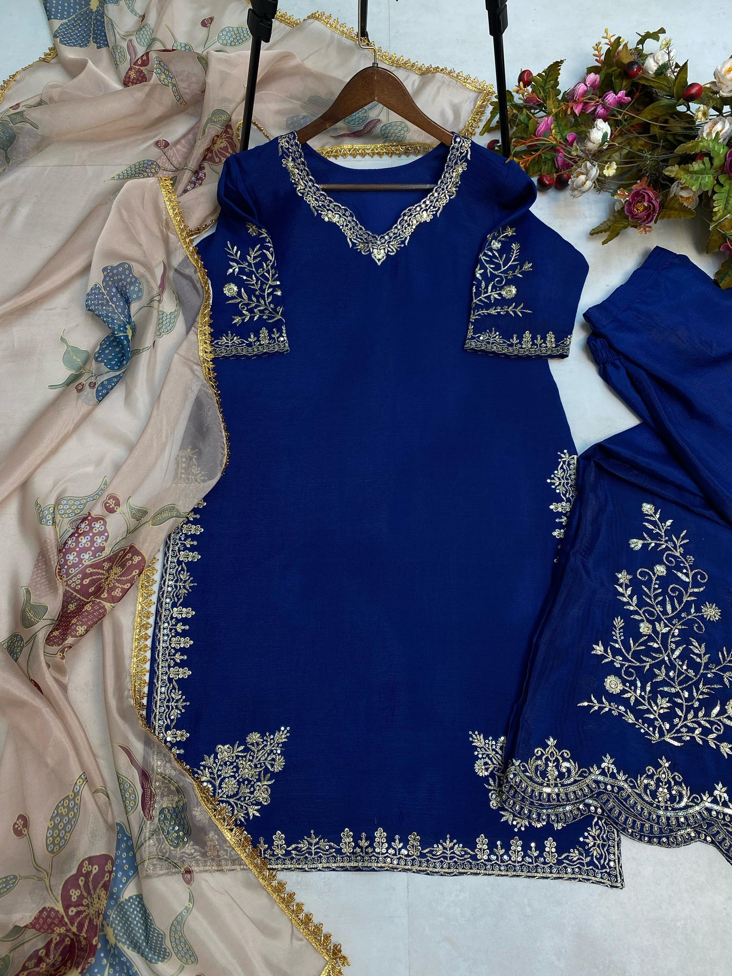 Unique Chinon Embroidery Work Blue Color Sharara Suit