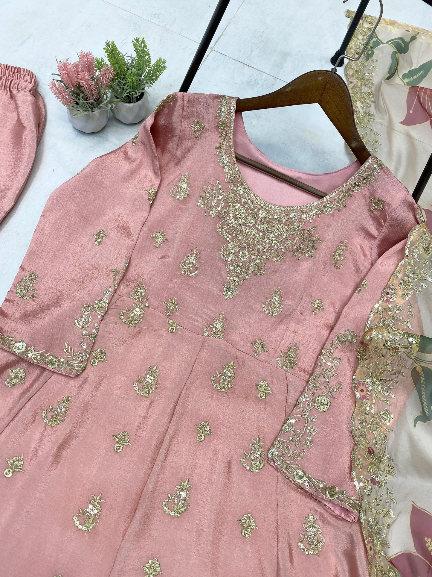 Trendy Pink Chinon Sequence Work Gown With Palazzo