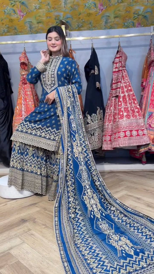Gorgeous Blue Color Mirror Work Sharara Suit