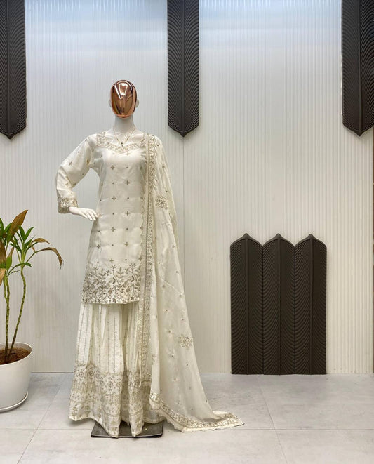 Attractive White Color Sequence Work Sharara Suit