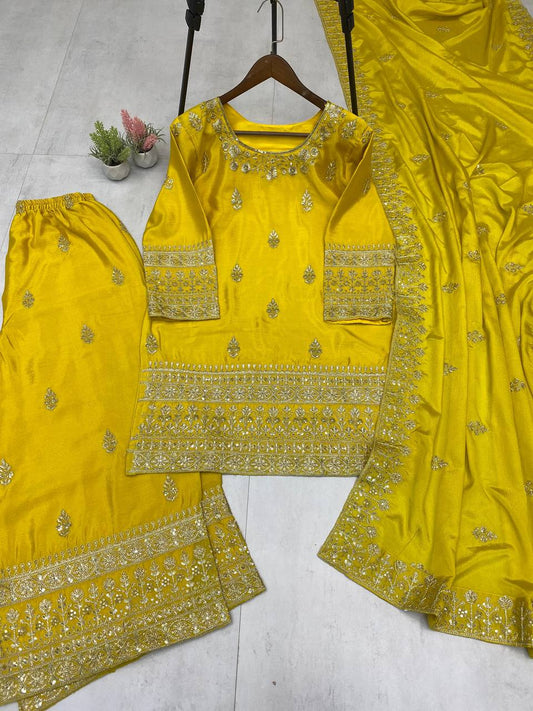 Wonderful Yellow Color Sequence Work Palazzo Suit