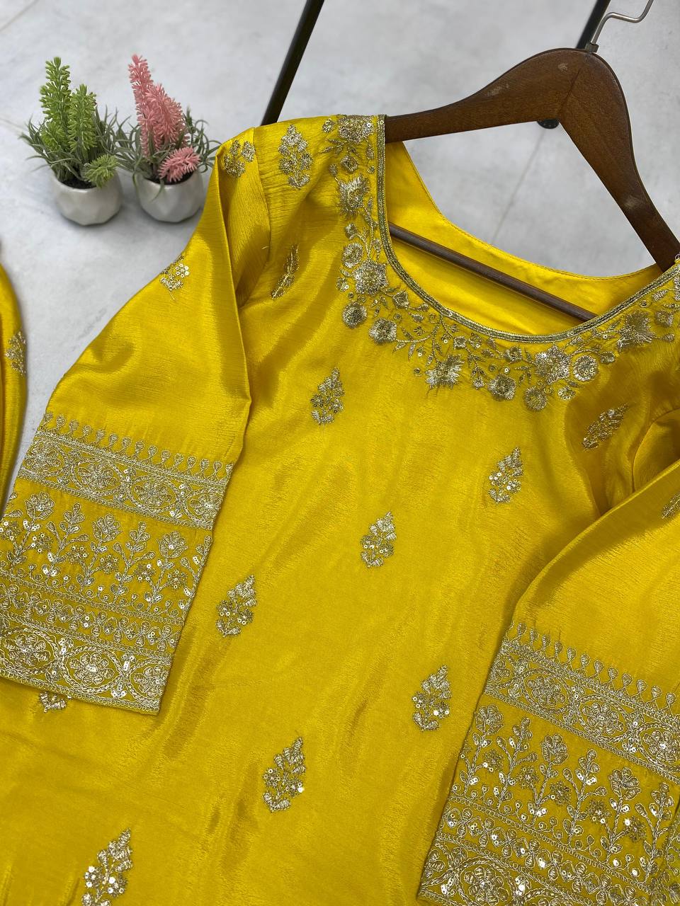 Wonderful Yellow Color Sequence Work Palazzo Suit