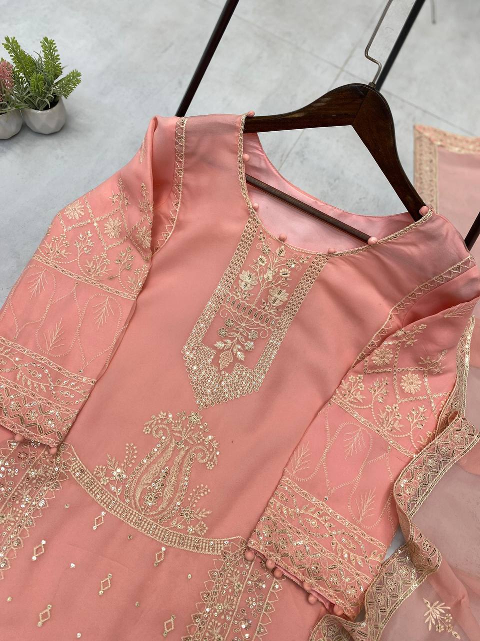 Awesome Peach Color Sequence Work Georgette Palazzo Suit