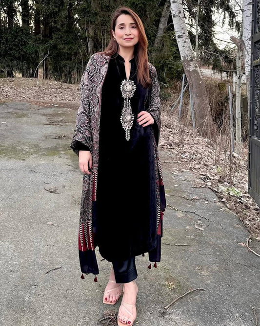 Stylish Black Velvet Sequence Work Palazzo Suit