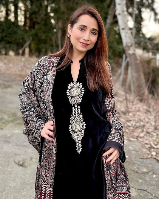 Stylish Black Velvet Sequence Work Palazzo Suit