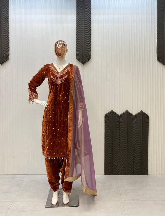 Gorgeous Purple Velvet Sequence Work Sharara Suit