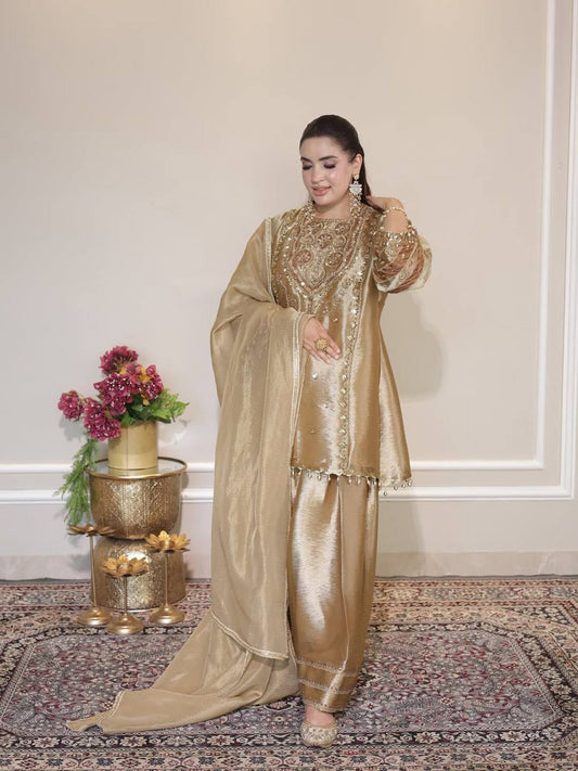 Stylish Golden Rangoli Fabric with Beads Work Sharara Suit