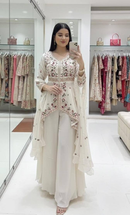 Exclusive White Rangoli Silk Sequence Embroidery Sharara Suit