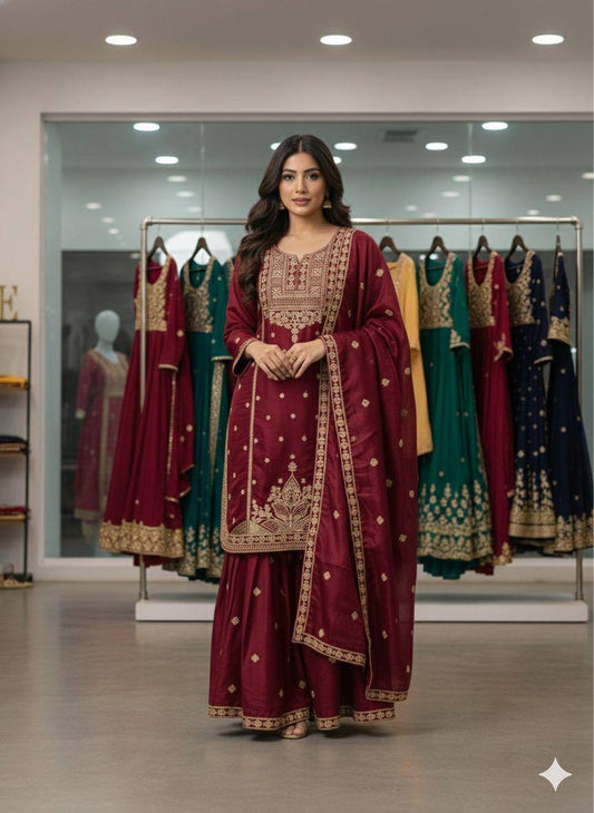 Elegant Maroon Cording Sequence Embroidery Sharara Suit