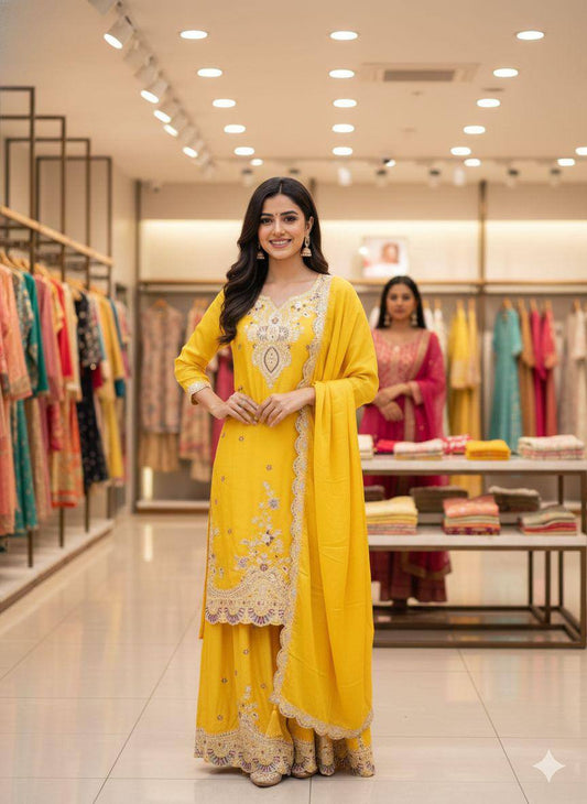 Lovely Yellow Chinon with Sequence Embroidery Sharara Suit