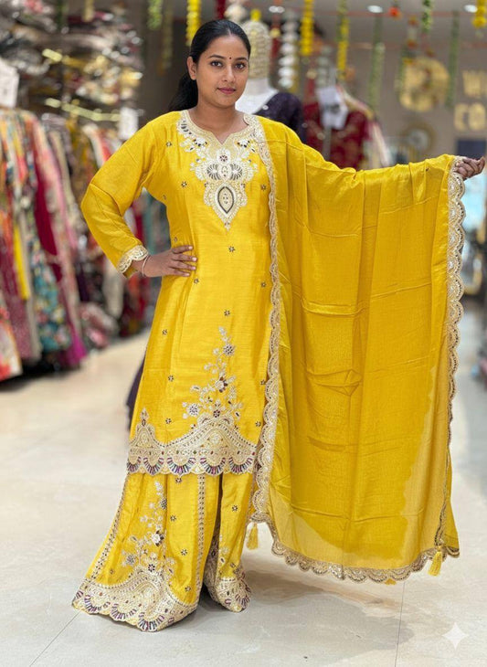 Lovely Yellow Chinon with Sequence Embroidery Sharara Suit