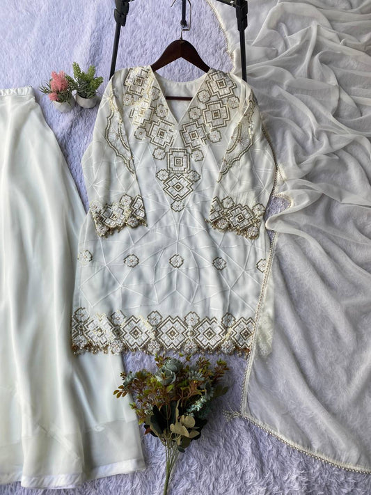 Pretty White Georgette Sequence Embroidery Sharara Suit