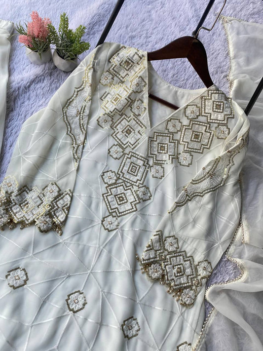 Pretty White Georgette Sequence Embroidery Sharara Suit