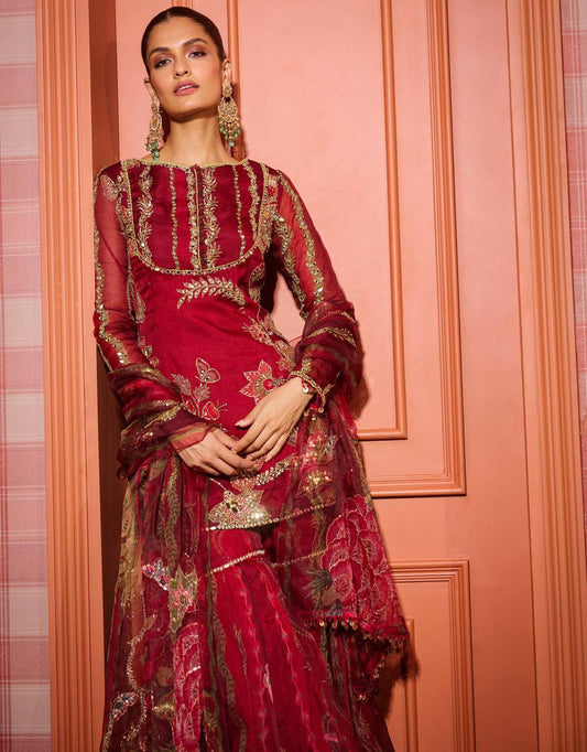 Stylish Maroon Soft Organza Sequence Embroidery Sharara Suit