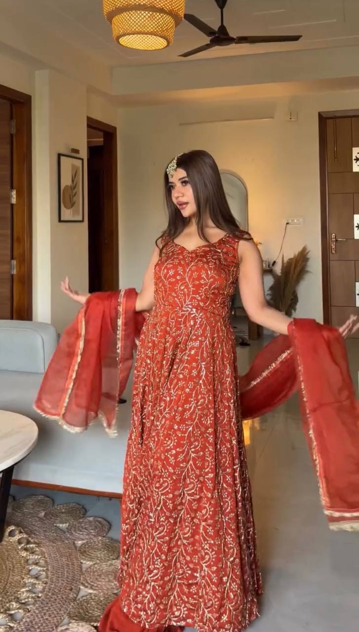 dress for wedding guest indian Anarkali Gown Palazzo Set, Indian Wedding Guest Dress, Embroidered Eth – Zalisa Fashion