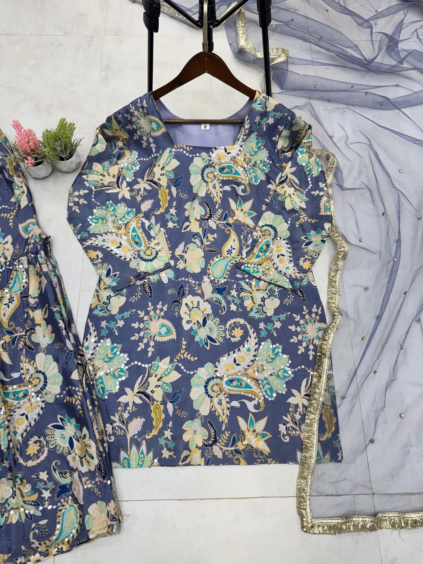 Delightful Embroidery Work Multi Blue Color Sharara Suit