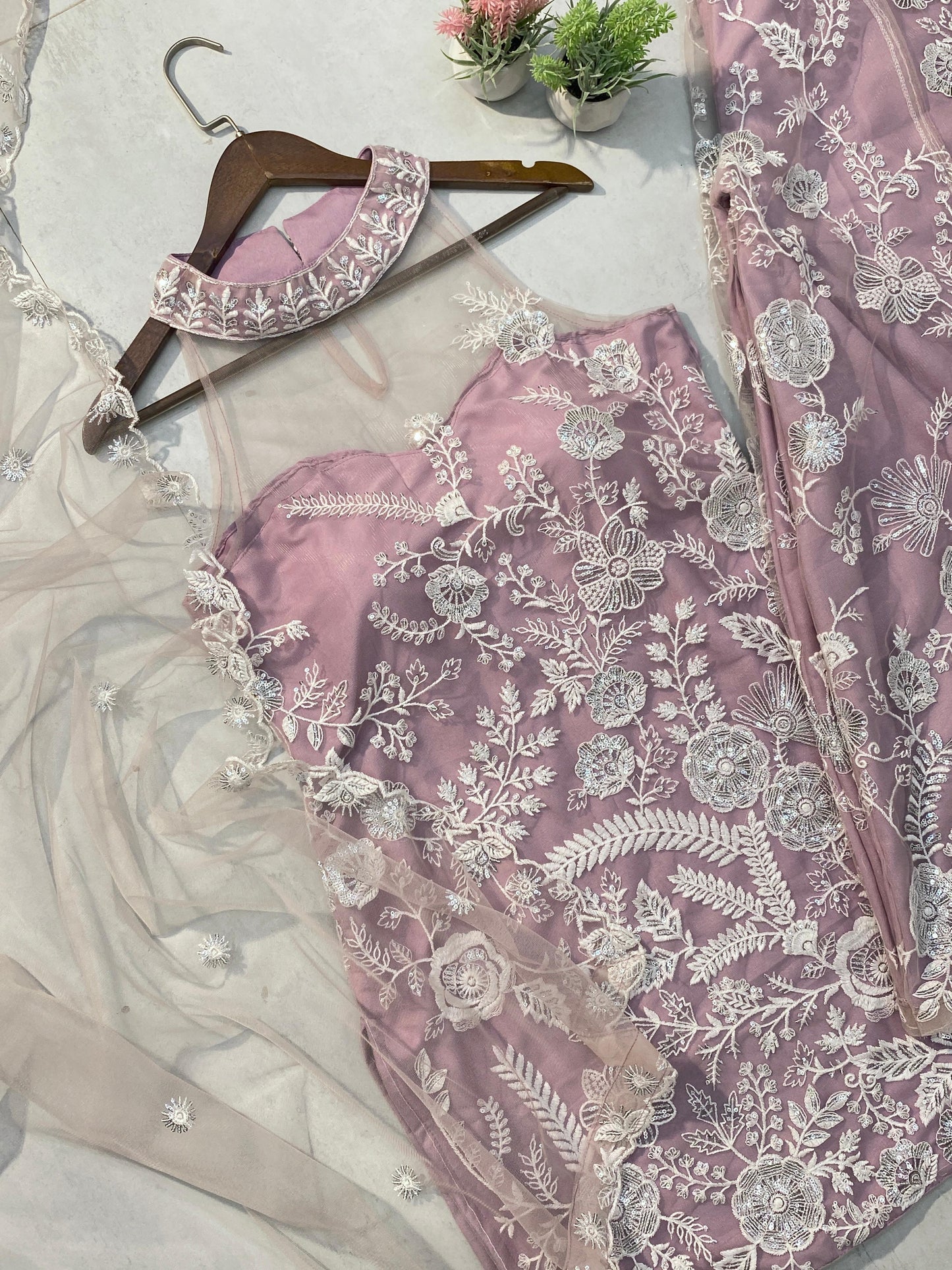 Adorable Embroidery Work Pink Color Palazzo Suit