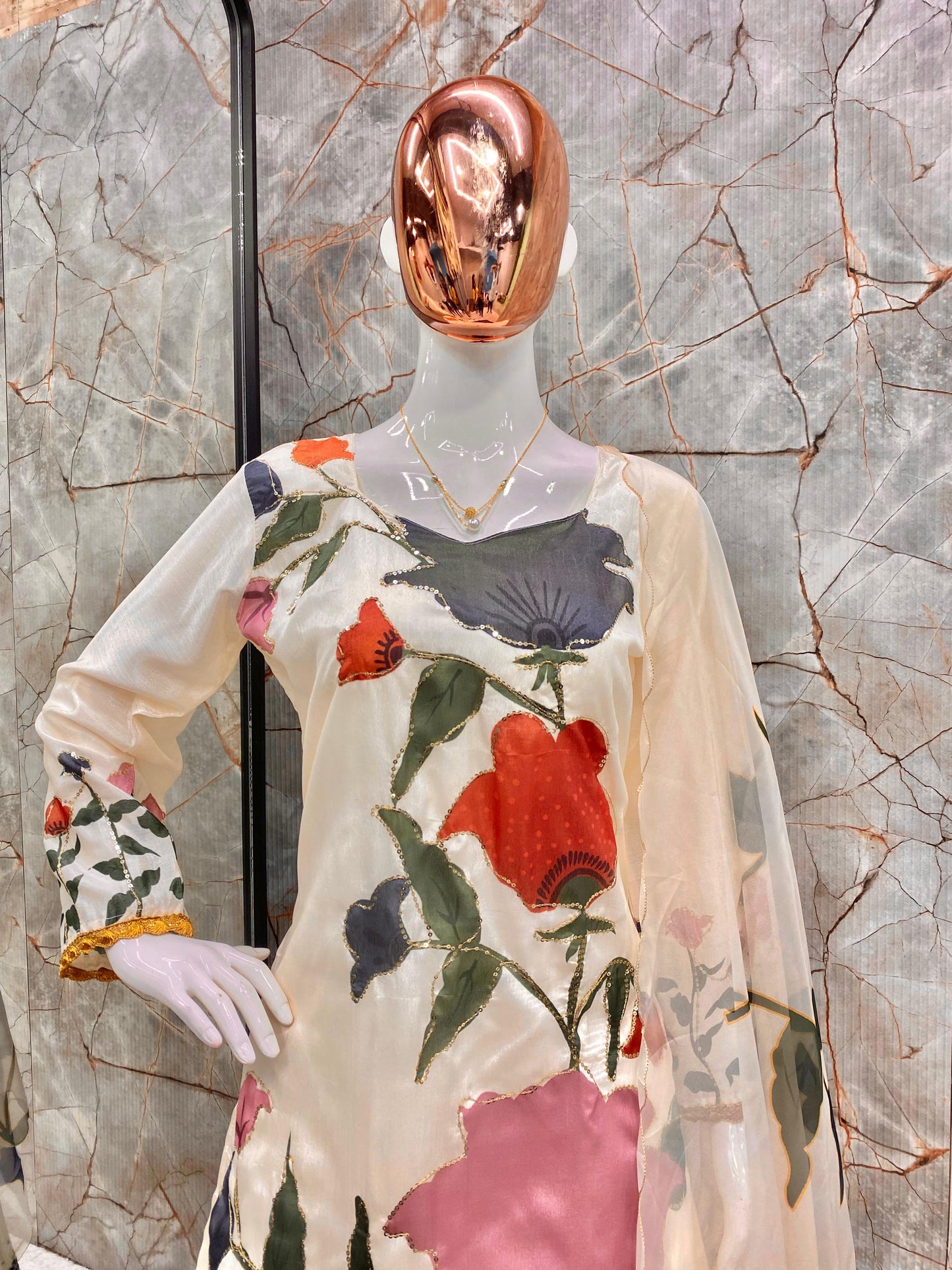 Wonderful Chinon Embroidery Work Beige Color Gharara Suit