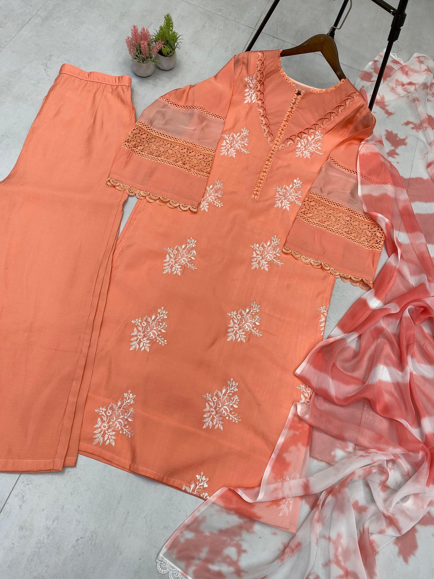 Trendy Peach Color Embroidery Work Straight Salwar Suit