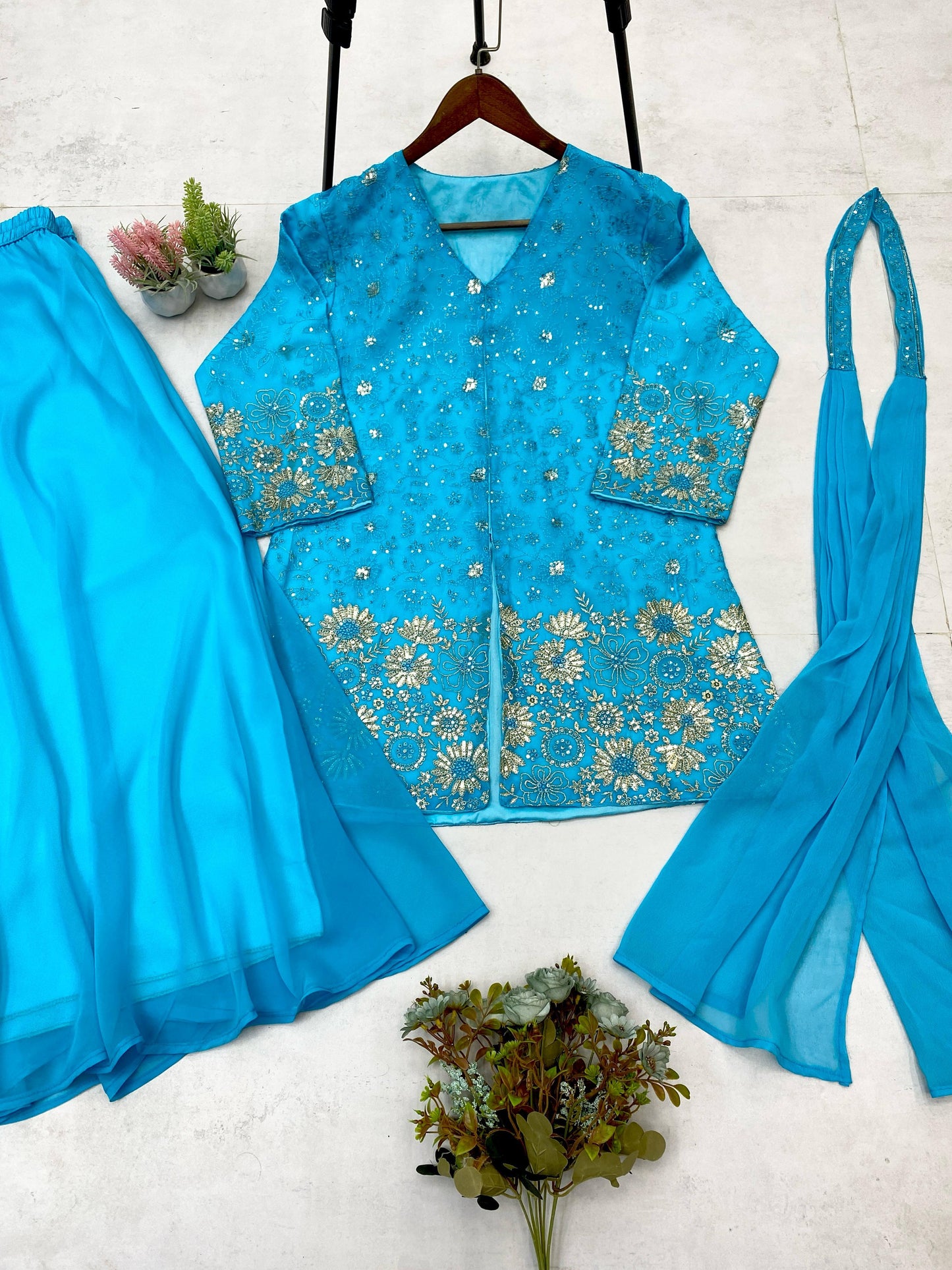Stunning Georgette Sky Blue Color Sharara Suit