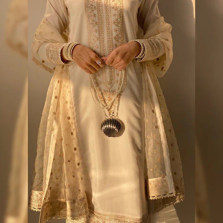 Alluring ROMAN SILK Cream Color Salwar Suit