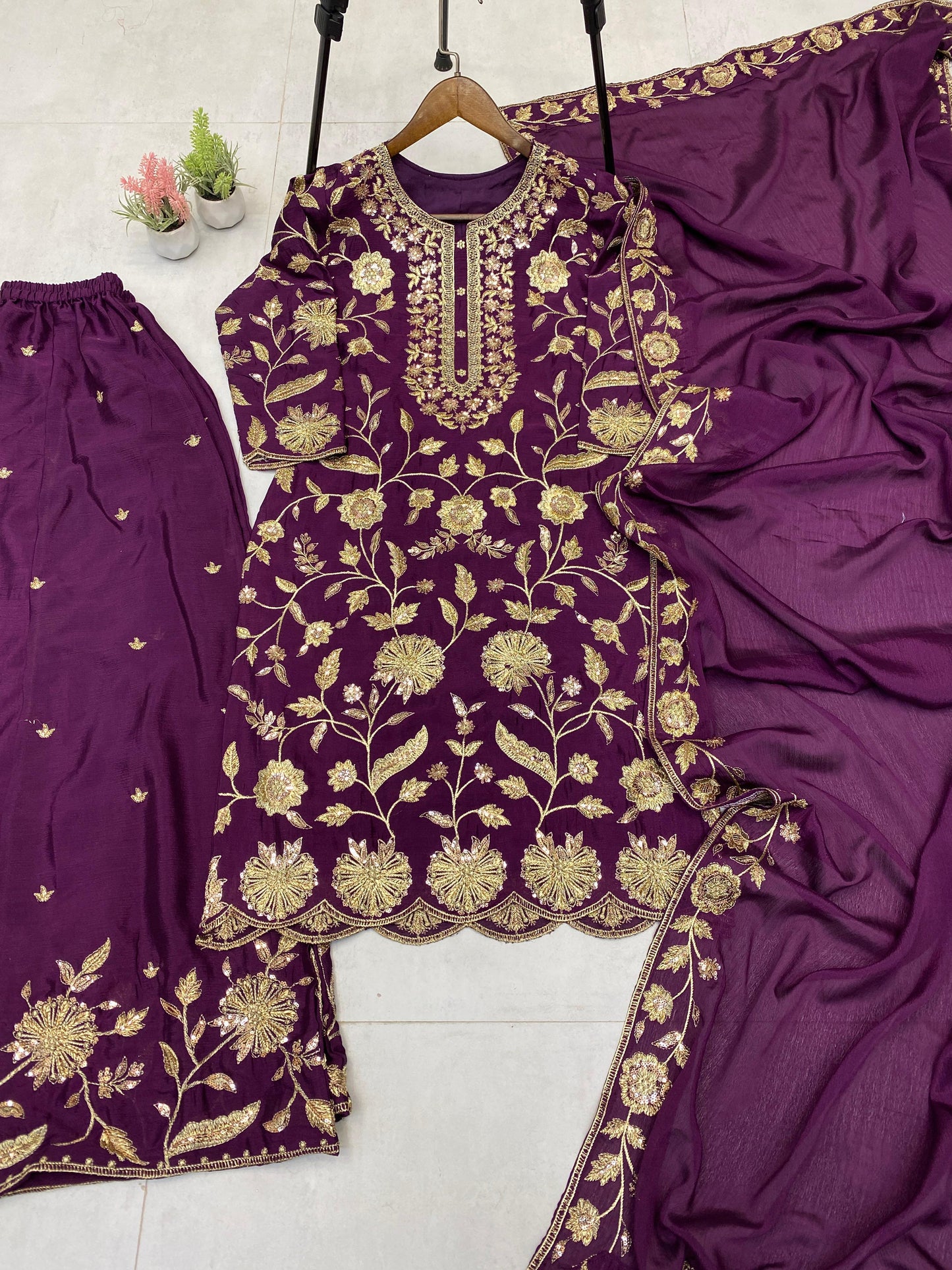 Embroidery Work Wine Color Chinon Palazzo Suit