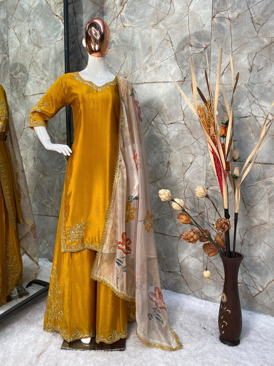 Unique Chinon Embroidery Work Mustard Color Sharara Suit