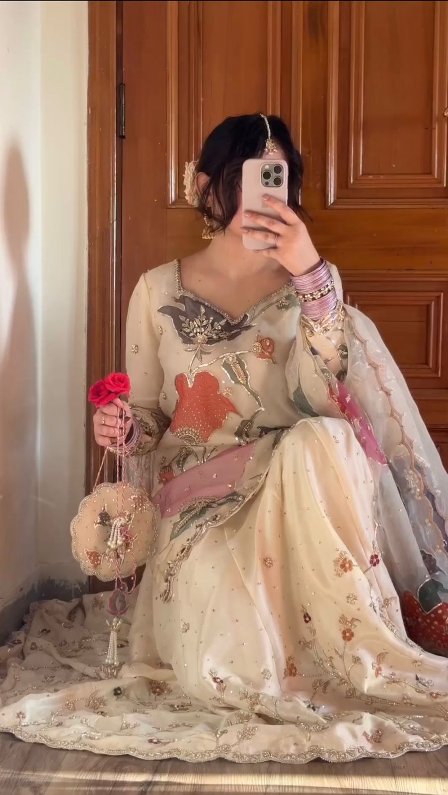 Wonderful Chinon Embroidery Work Beige Color Gharara Suit