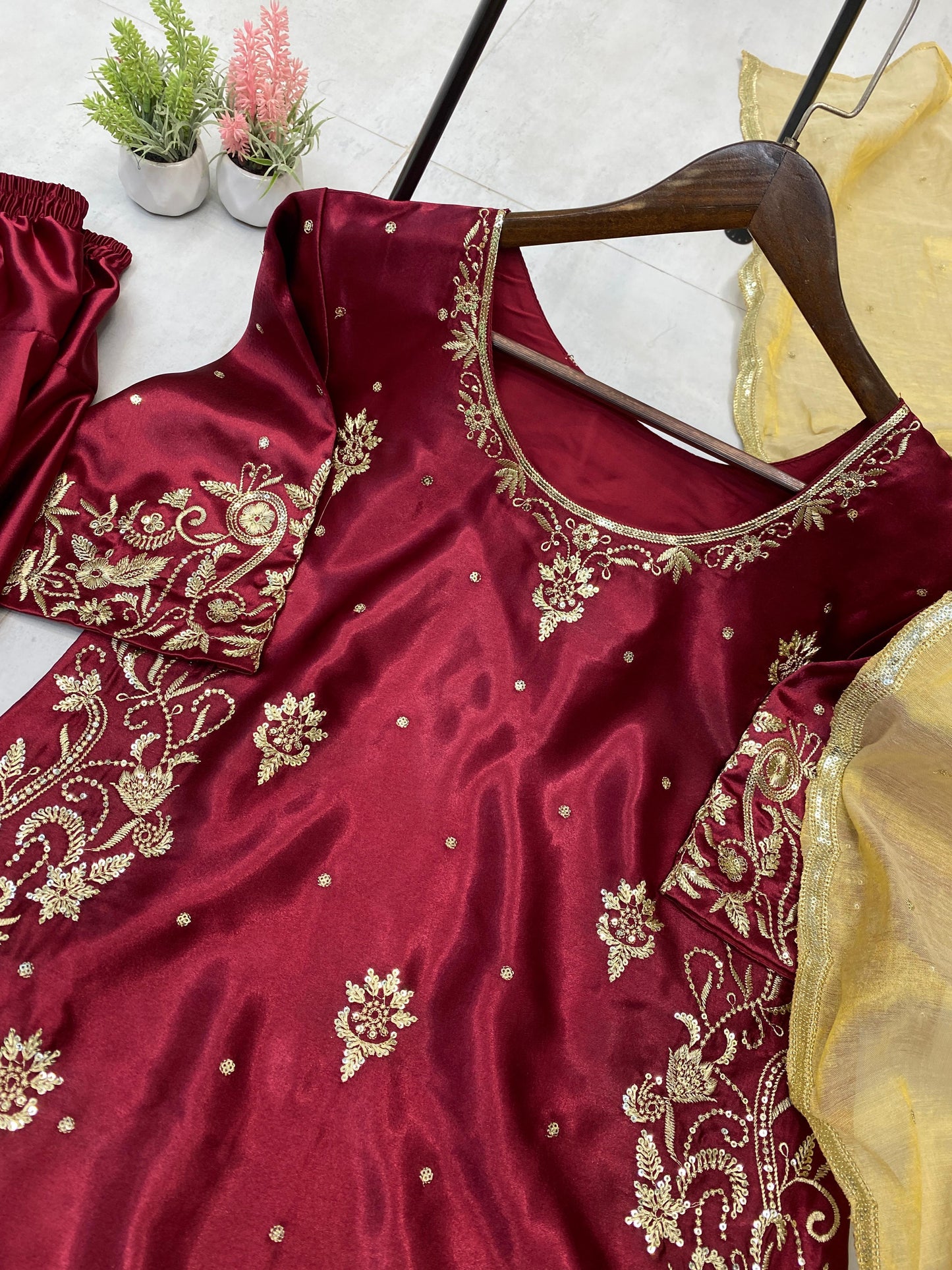 Stylish Maroon Satin Sequence Work Salwar Suit